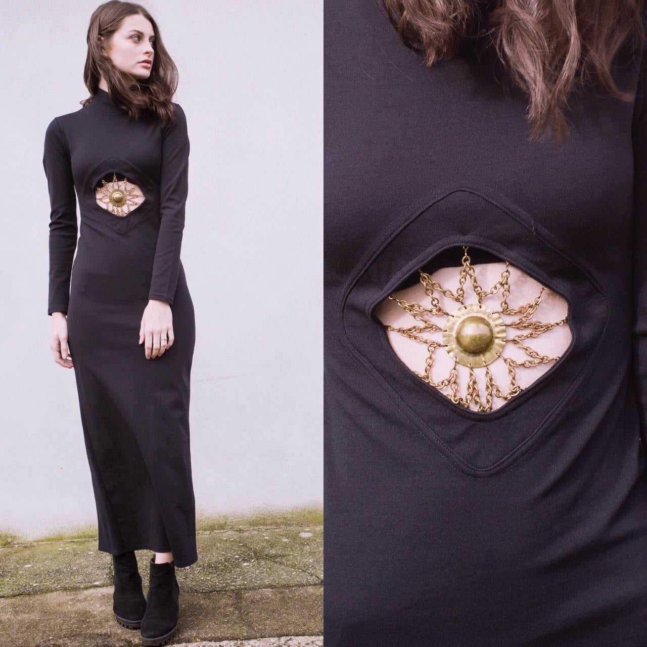 Vintage 1990s original black bodycon maxi dress gold chain cut out detailing