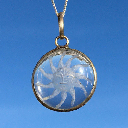 Vintage Silver Celestial Indian Sun Reverse Carved Glass Necklace