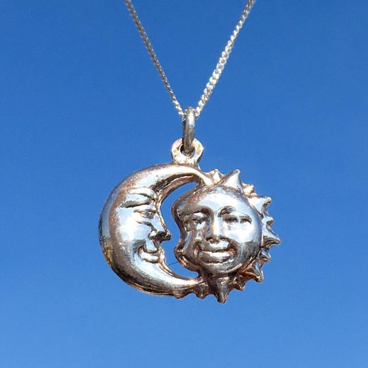 Vintage Silver Celestial 90s Puffy Sun And Moon Charm necklace