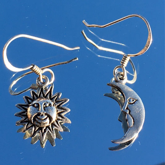 Vintage Silver Small Sun And Moon Celestial Dropper Earrings