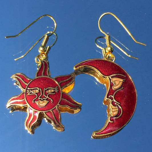 Vintage Red Cloisonné Celestial Sun and Moon earrings