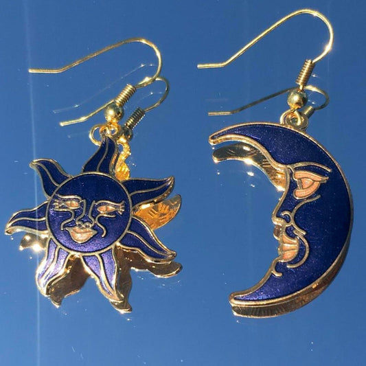 Vintage Blue Cloisonné Celestial Sun and Moon earrings