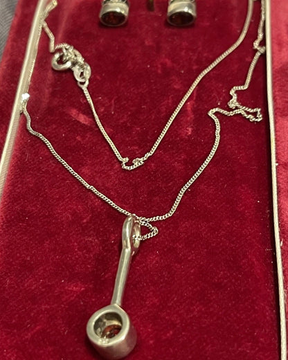 Vintage Sterling Silver Garnet Necklace Earrings Set