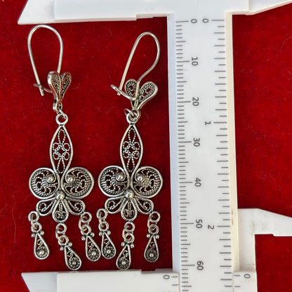 Vintage Sterling Silver Fleur De Lis Filigree earrings Tassel Chandelier Large