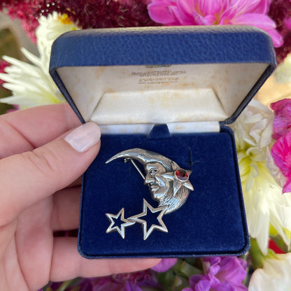 Vintage Sterling Silver Crescent Moon Garnet Brooch