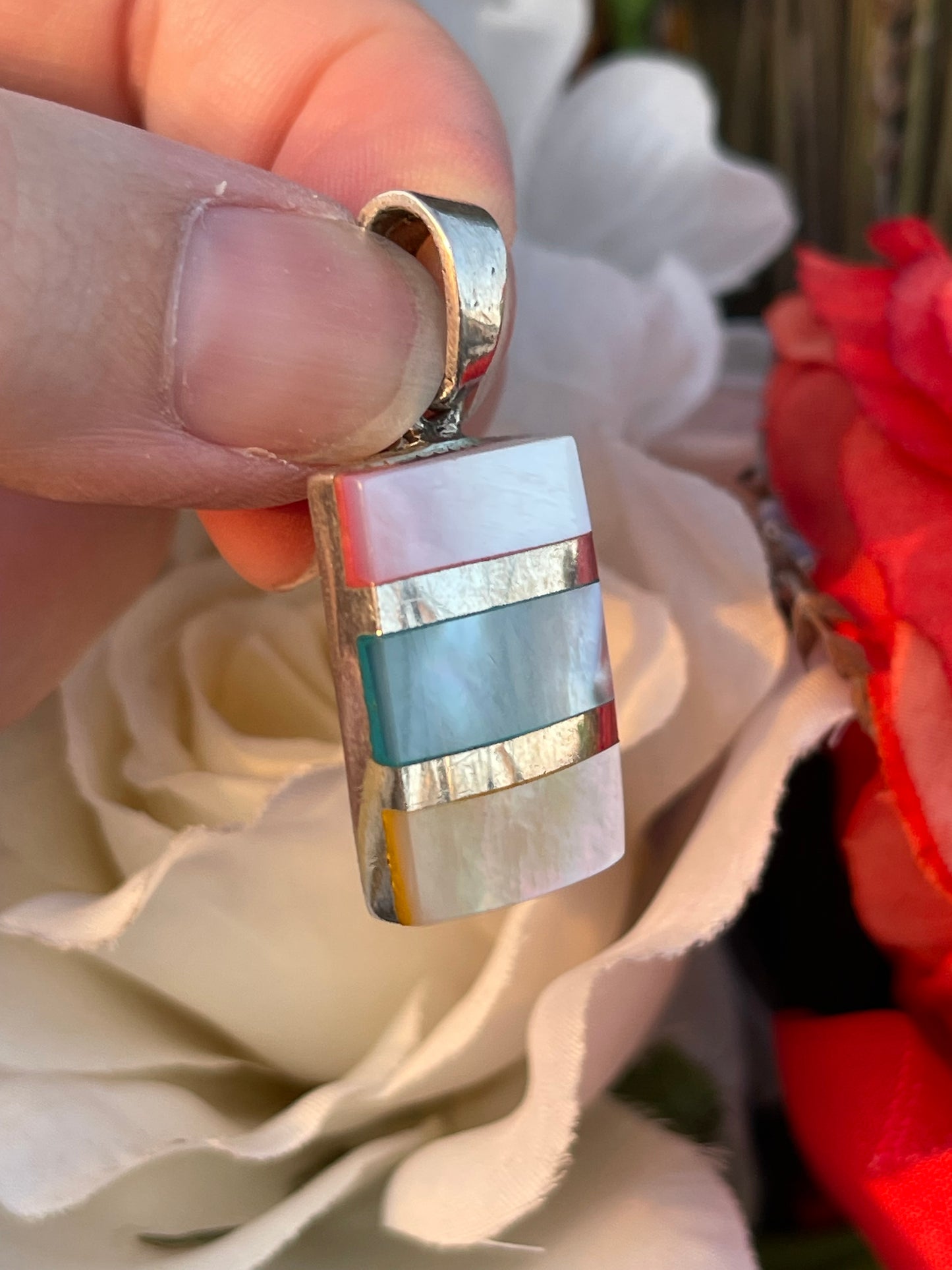 Vintage Sterling Silver Mother Of Pearl Quad Tone Ring Earrings Pendant Set
