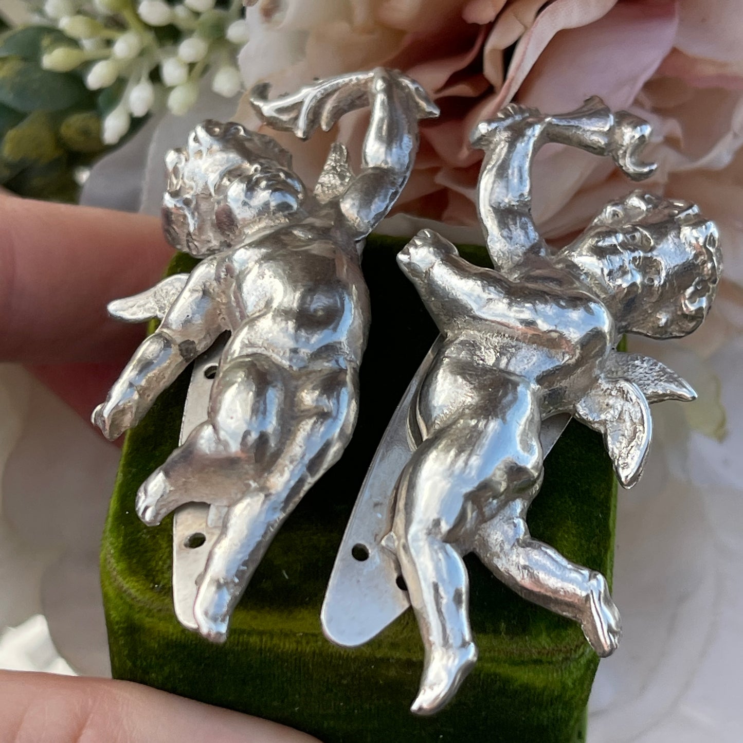 Unreleased: Art Deco Sterling Silver Cherub Dress Clips Pair
