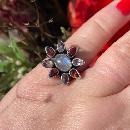 Sterling Silver Moonstone Amethyst Garnet Crystal Flower Ring M