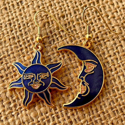 Vintage Blue Cloisonné Celestial Sun and Moon earrings