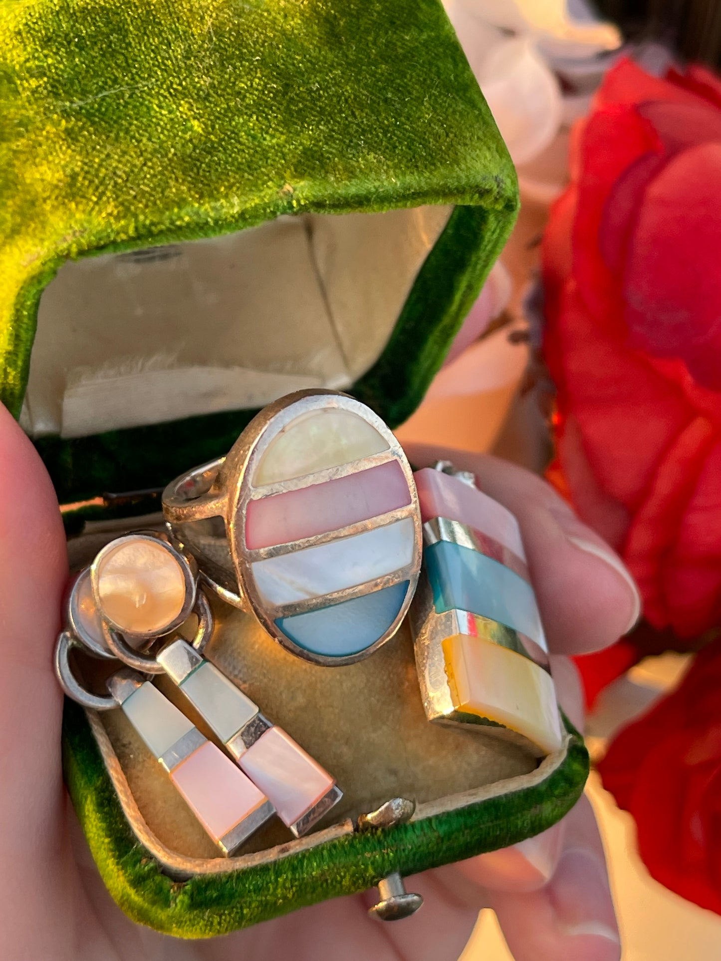 Vintage Sterling Silver Mother Of Pearl Quad Tone Ring Earrings Pendant Set
