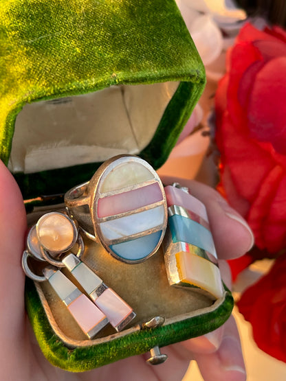 Vintage Sterling Silver Mother Of Pearl Quad Tone Ring Earrings Pendant Set