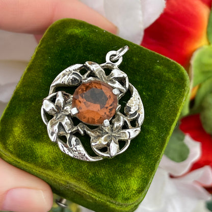 Vintage Art Nouveau Style Silver Tone Citrine Orange Glass Pendant