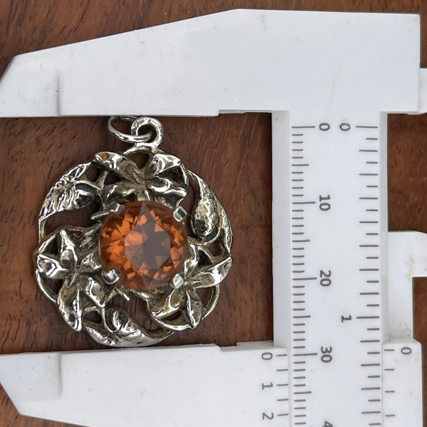 Vintage Art Nouveau Style Silver Tone Citrine Orange Glass Pendant