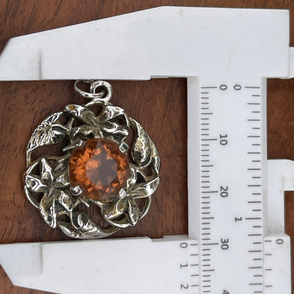Vintage Art Nouveau Style Silver Tone Citrine Orange Glass Pendant