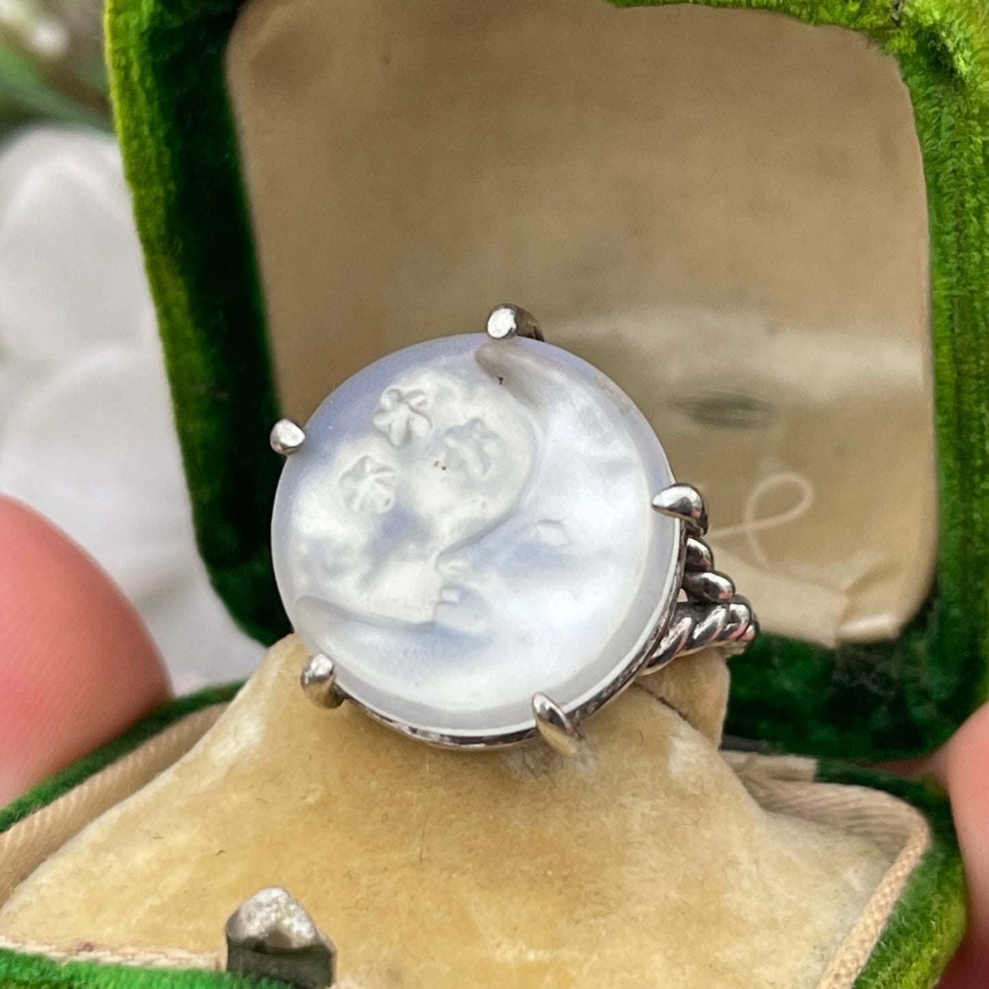 Sterling Silver Iridescent Moon & Stars Ring Vintage Celestial Style Q