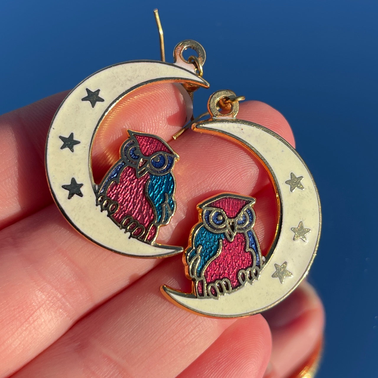 Vintage Cloisonné Moon Owl Earrings
