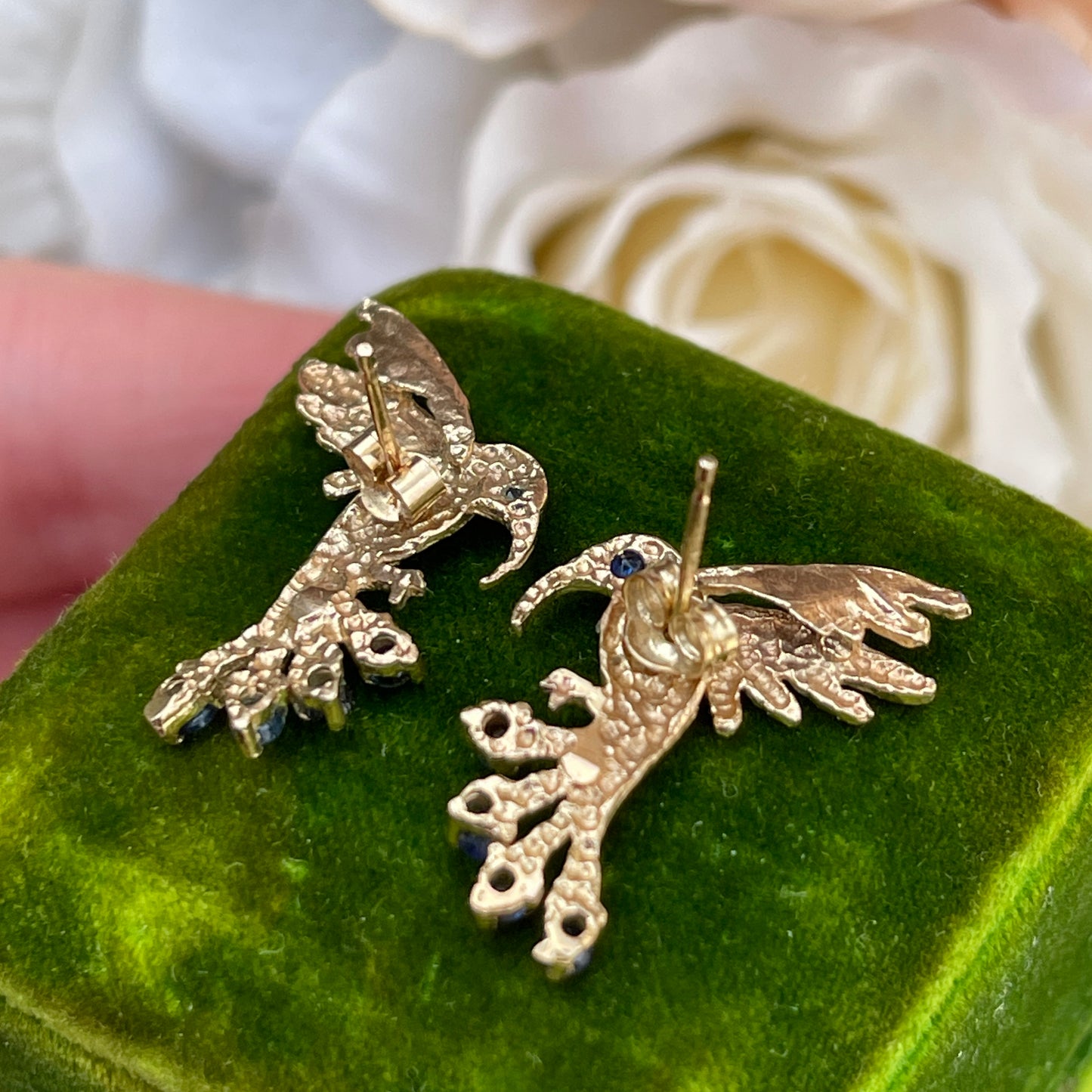 Vintage 9ct Yellow Gold Sapphire Hummingbird Bird Stud Earrings Rare 2.9g
