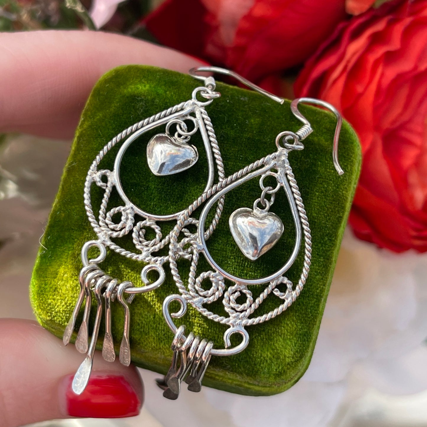 Vintage Sterling Silver Heart Charm Filigree Tear Drop Tassel Chandelier Earrings