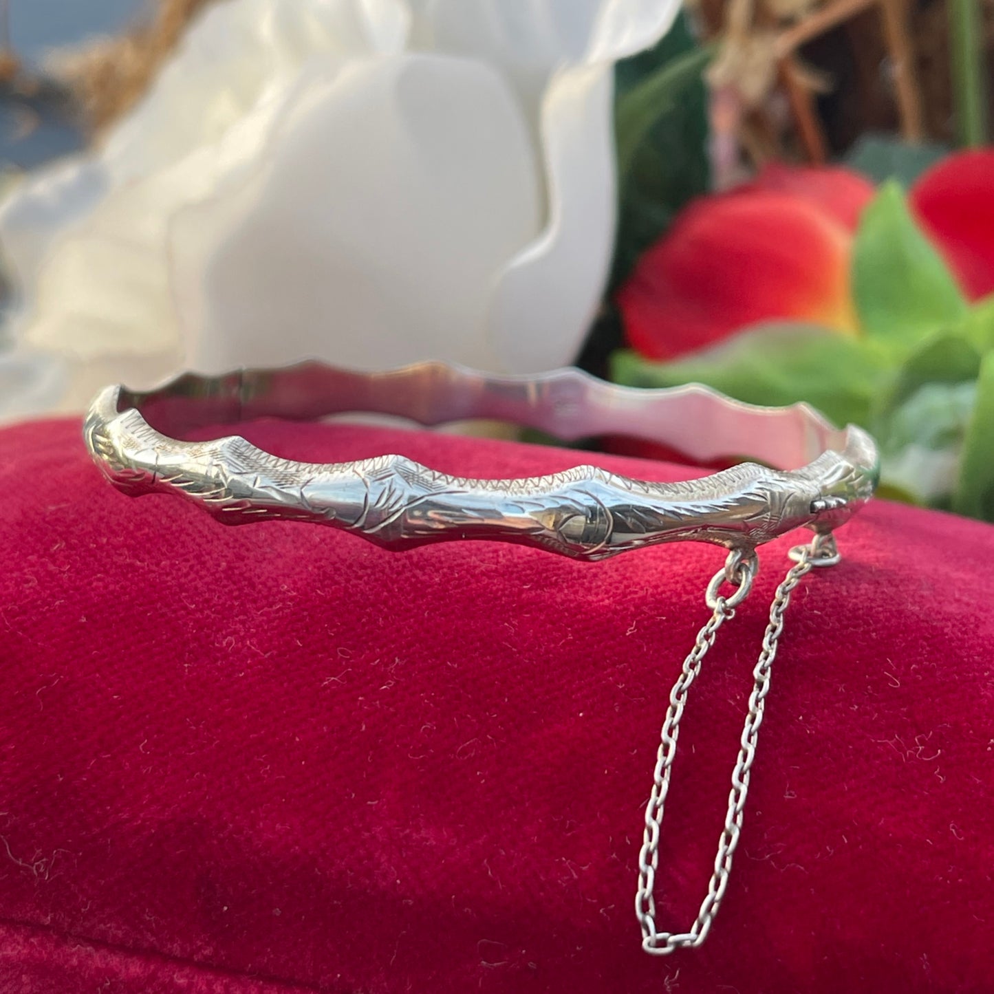 Vintage Sterling Silver Slim Etched Bamboo Bangle Bracelet