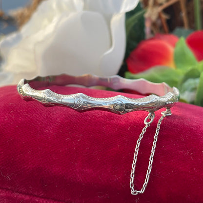 Vintage Sterling Silver Slim Etched Bamboo Bangle Bracelet