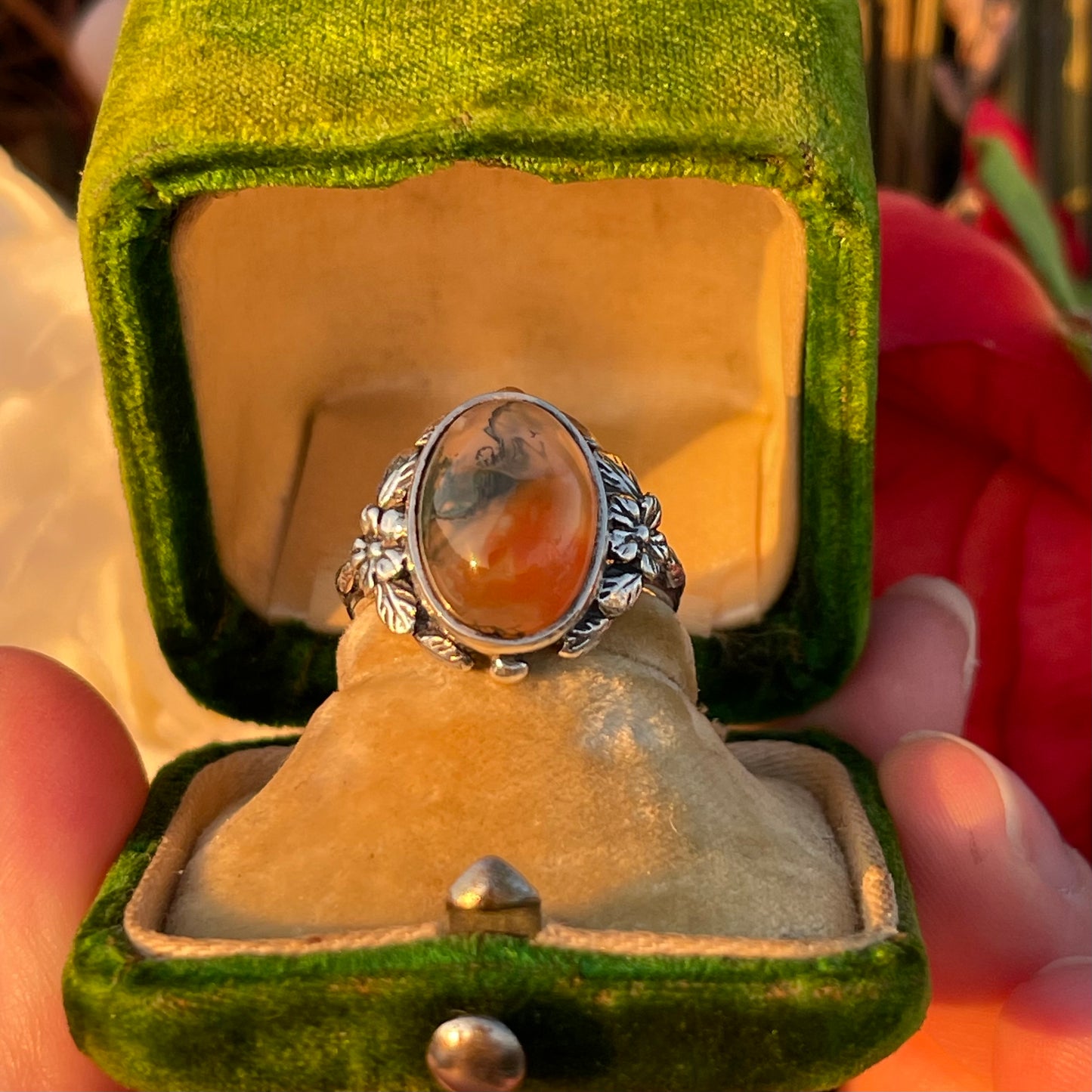 Vintage Sterling Silver Fish Moss Agate Ring Bernard Instone Arts Crafts 1910 L