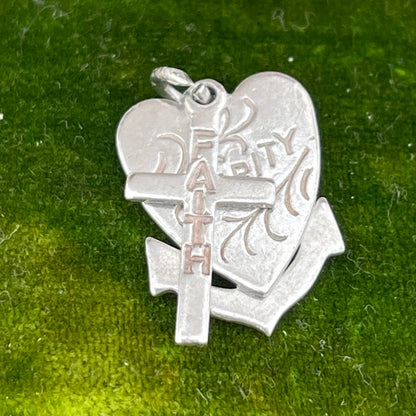 Vintage Sterling Silver Hope Faith Charity Heart Cross Anchor Charm Pendant