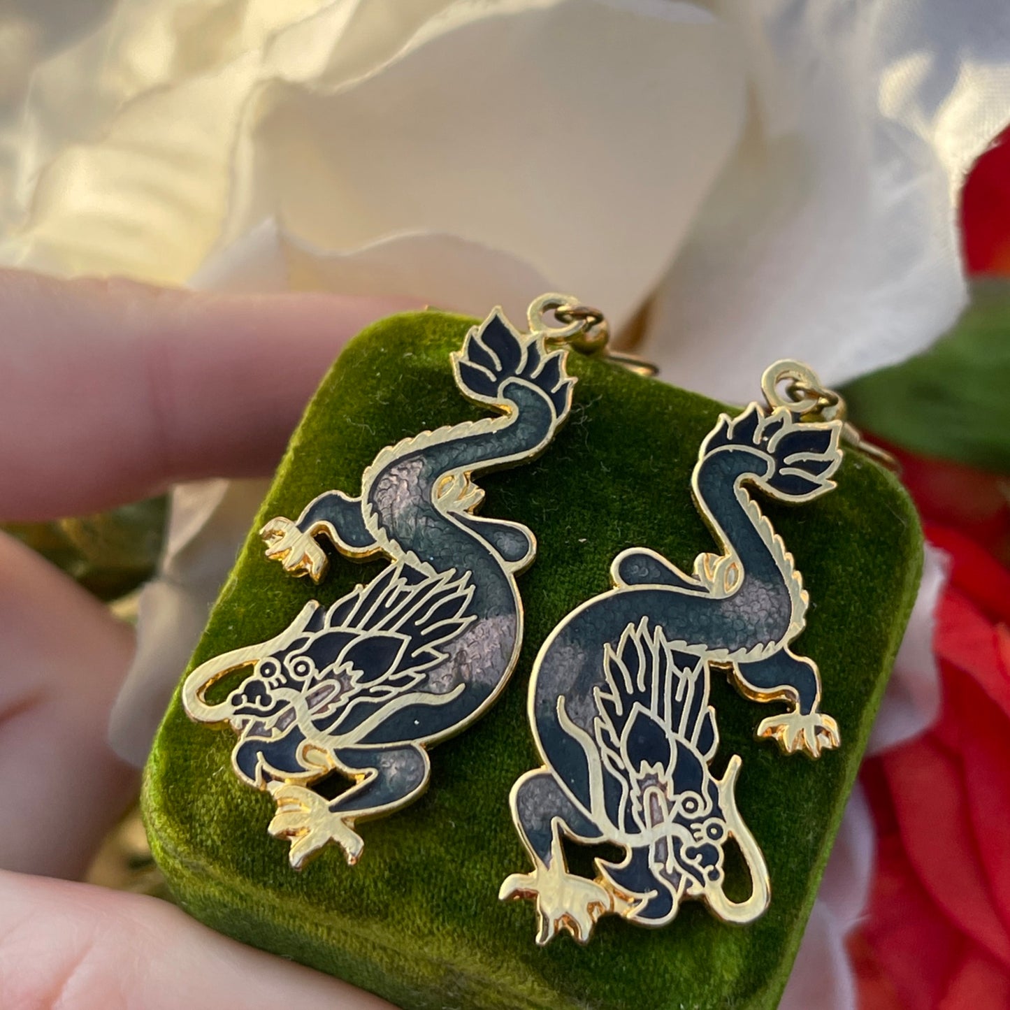 Vintage Cloisonné Mystical Black Grey Dragon Dropper Earrings