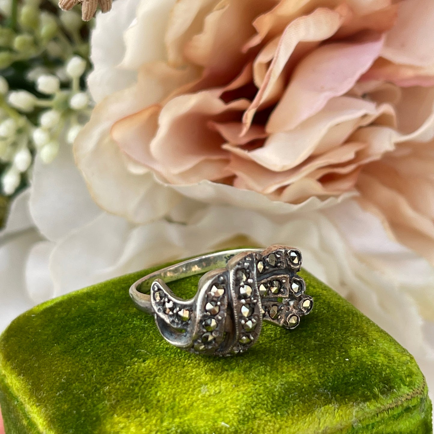 Unreleased: Art Deco Sterling Silver Marcasite Bow Flourish Ring