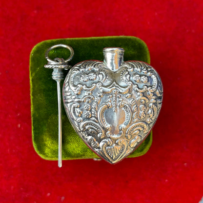 Vintage Sterling Silver Filigree Heart Perfume Repoussé chatelaine Bottle Pendant
