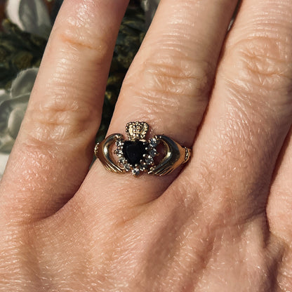Vintage 9ct Gold Claddagh Ring heart hands Crown Sapphire Q R 2g