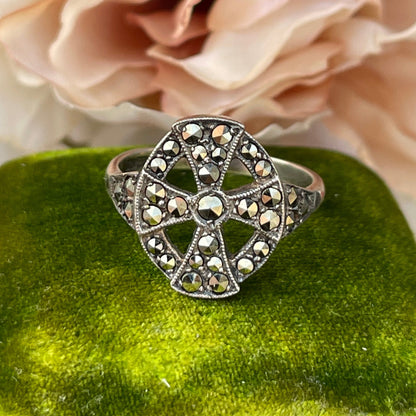 Unreleased: Art Deco Sterling Silver Celtic Cross Marcasite Ring O