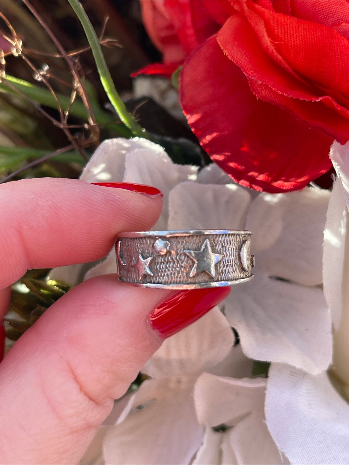 Vintage Sterling Silver Celestial Ring Moon Stars Chunky Q-R