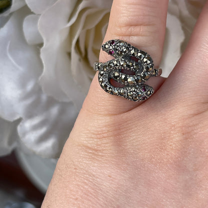 Unreleased: Art Deco Sterling Silver Ruby Eye Marcasite Double Snake Ring K