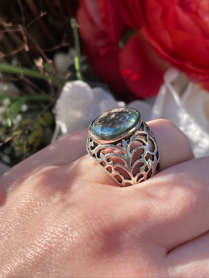 Vintage Sterling Silver Openwork Chunky Ring Blue Stone P-Q Heavy 8.7g