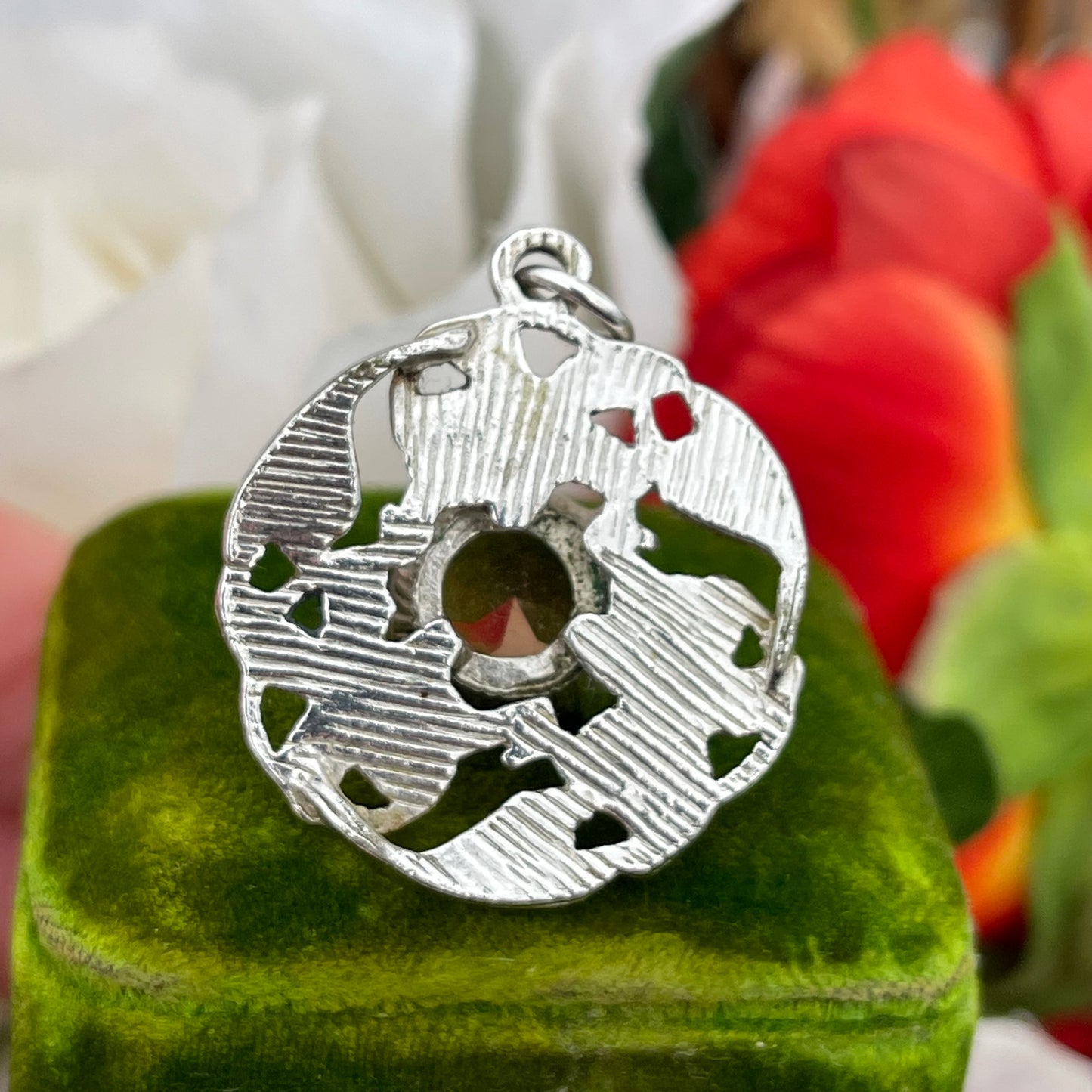 Vintage Art Nouveau Style Silver Tone Citrine Orange Glass Pendant