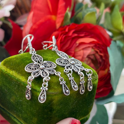 Vintage Sterling Silver Fleur De Lis Filigree earrings Tassel Chandelier Large