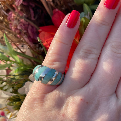 Sterling Silver Turquoise Stripe Bombe Ring Statement Chunky L-M