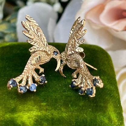 Vintage 9ct Yellow Gold Sapphire Hummingbird Bird Stud Earrings Rare 2.9g