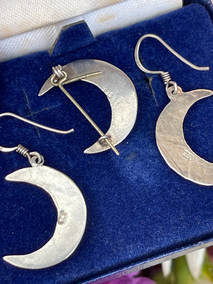 Antique Victorian Silver Moon Earrings & Brooch Set