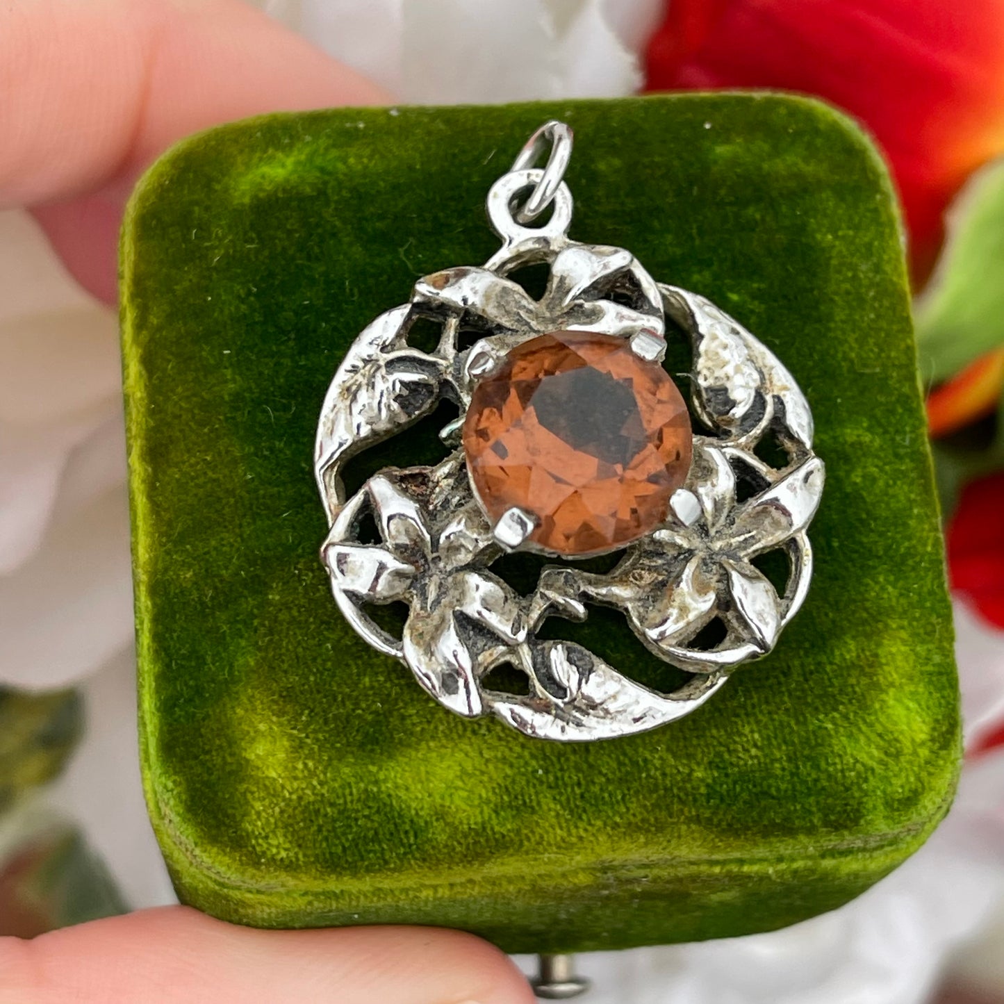 Vintage Art Nouveau Style Silver Tone Citrine Orange Glass Pendant