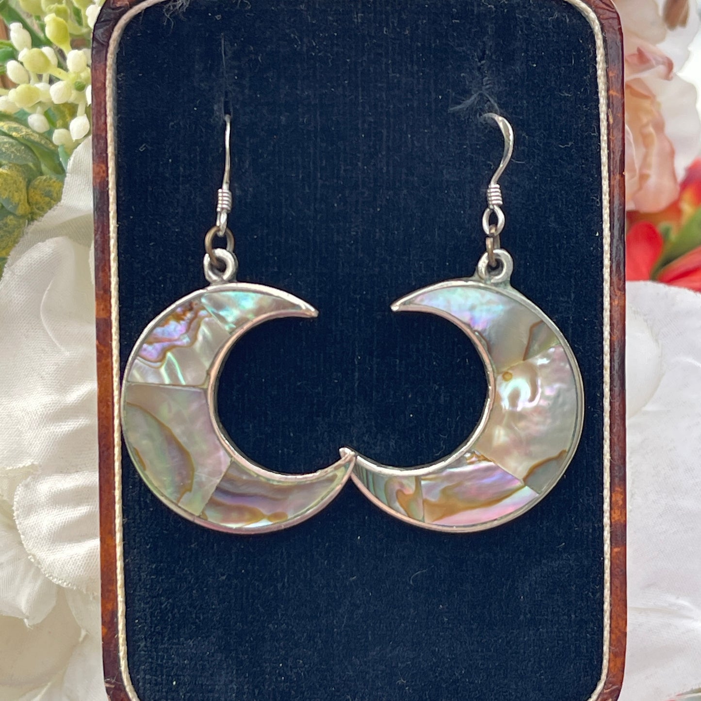 Vintage Silver Abalone Crescent Moon Drop Earrings
