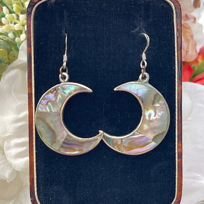Vintage Silver Abalone Crescent Moon Drop Earrings