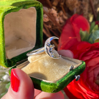 Sterling Silver Crescent Moon Face Ring Vintage Victorian Look Celestial Style S