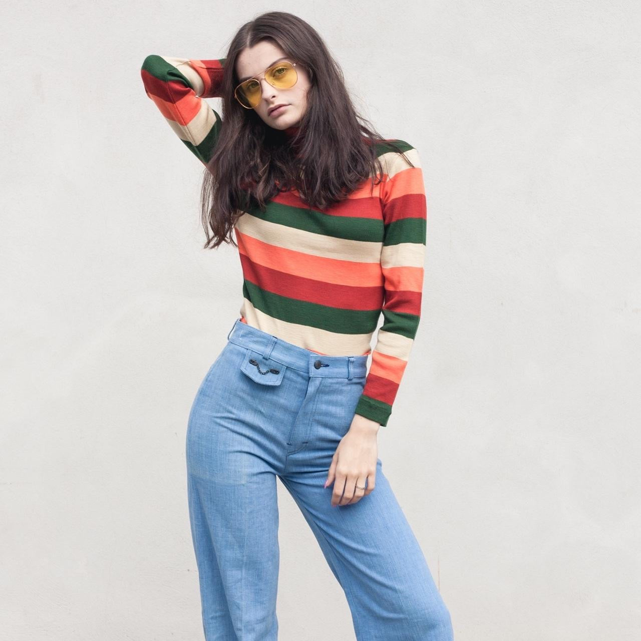 Vintage 70s clemetine cream & green stripe roll neck jumper