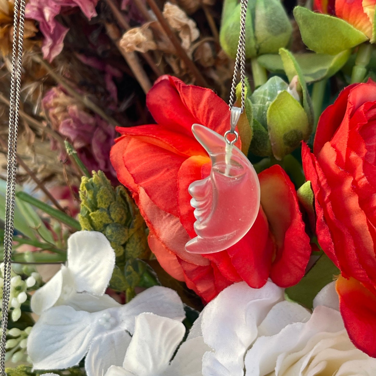 Vintage Sterling Silver Glass Moon Face Pendant Necklace