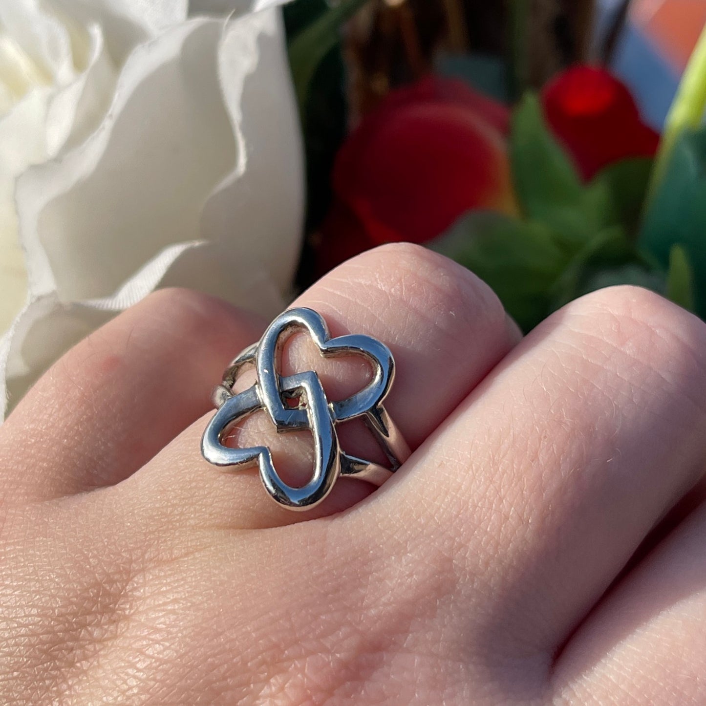 Vintage Sterling Silver Interlocking Hearts Chunky Ring O