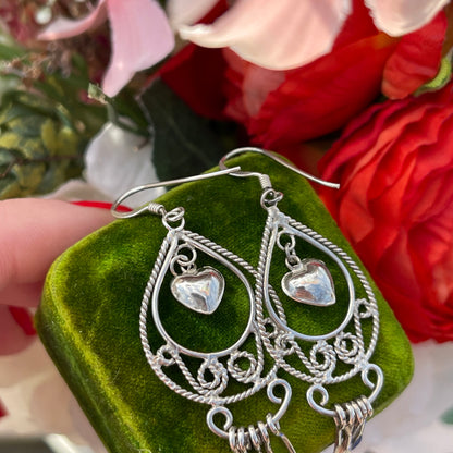 Vintage Sterling Silver Heart Charm Filigree Tear Drop Tassel Chandelier Earrings