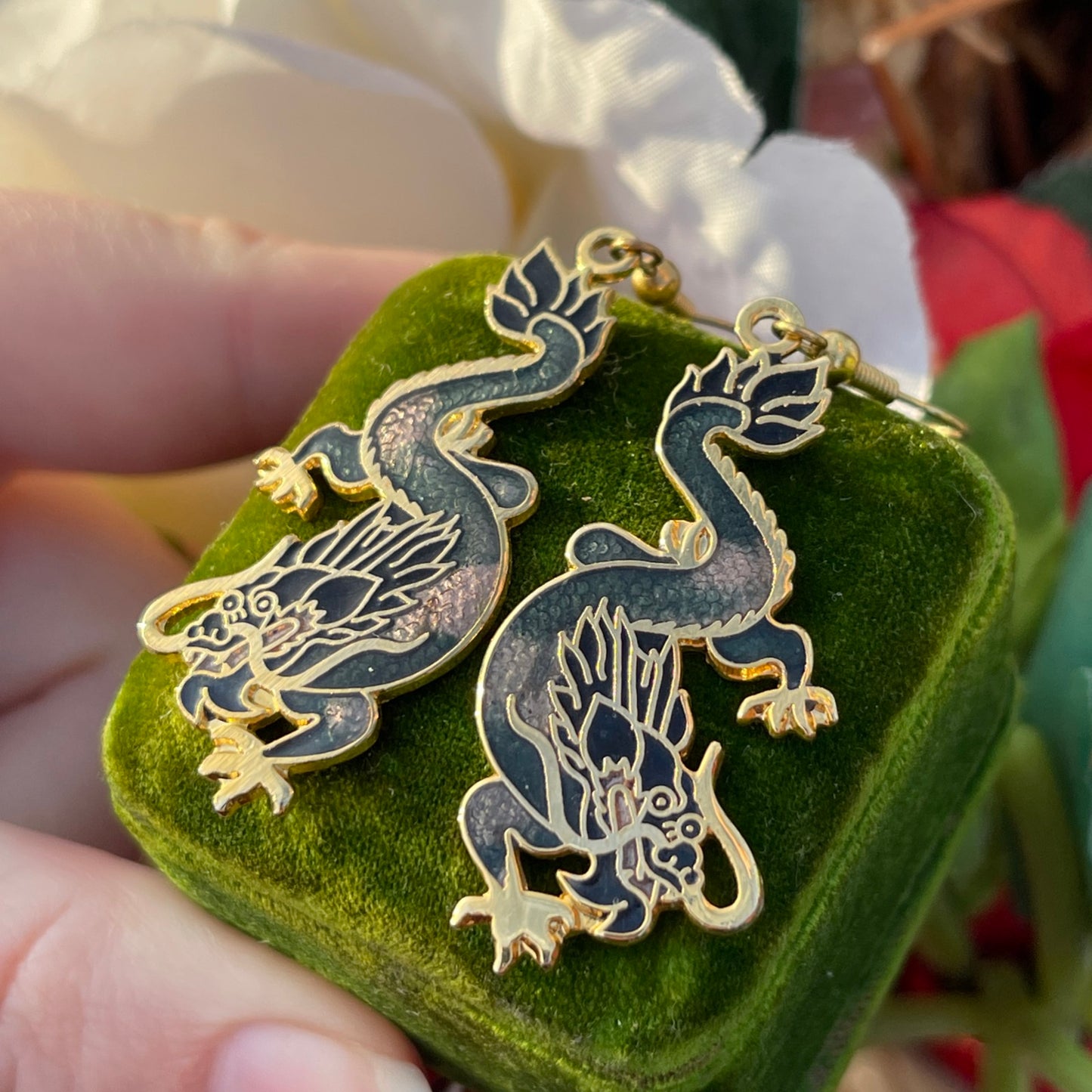 Vintage Cloisonné Mystical Black Grey Dragon Dropper Earrings