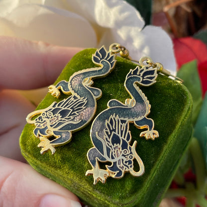 Vintage Cloisonné Mystical Black Grey Dragon Dropper Earrings