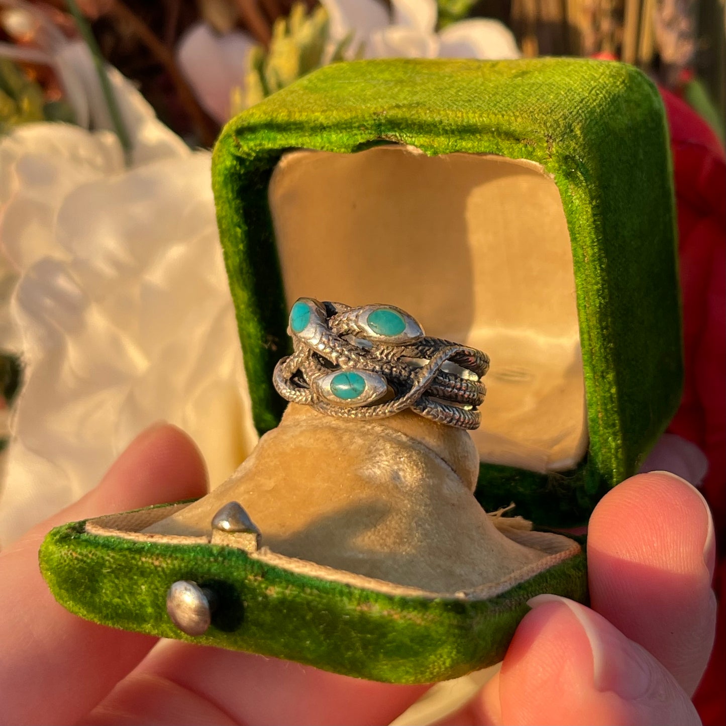 Vintage Antique Sterling Silver Turquoise triple snake ring N